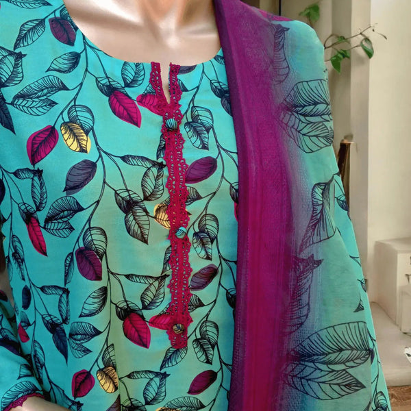 3 pc printed Swiss lawn suit - Pistachio - Ushams Clothing