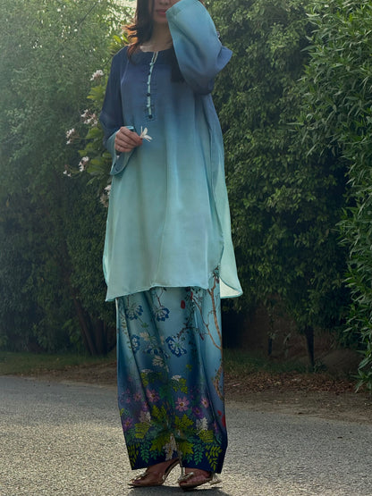 Silk stitched 2 pc shalwar suit- Peacock