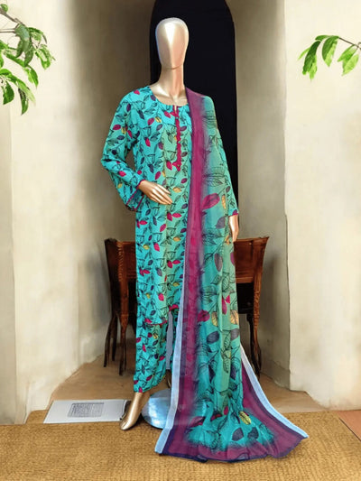 3 pc printed Swiss lawn suit - Pistachio - Ushams Clothing